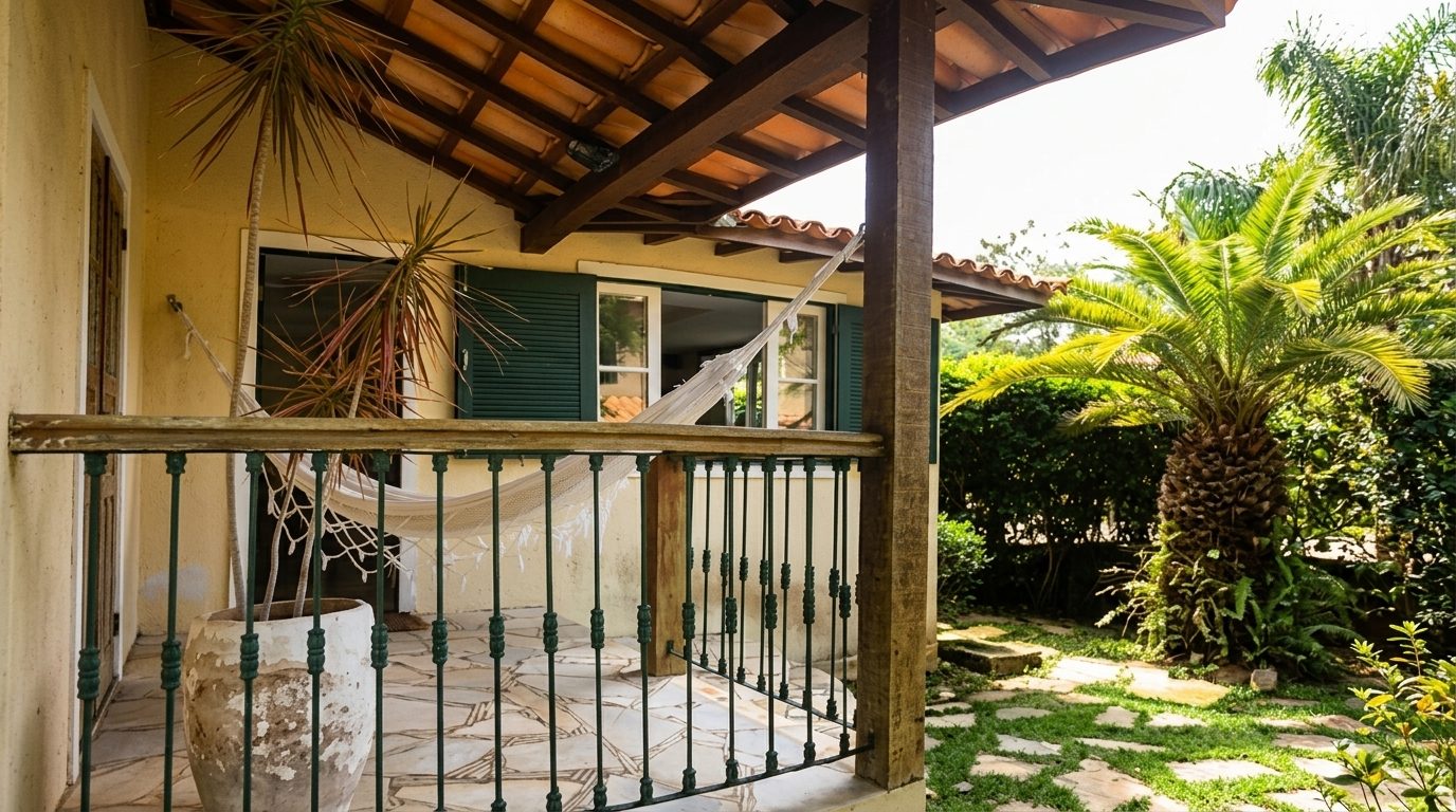 Varanda com rede e jardim